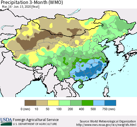 China, Mongolia and Taiwan Precipitation 3-Month (WMO) Thematic Map For 3/16/2020 - 6/15/2020