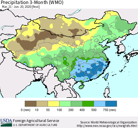 China, Mongolia and Taiwan Precipitation 3-Month (WMO) Thematic Map For 3/21/2020 - 6/20/2020
