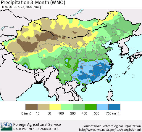 China, Mongolia and Taiwan Precipitation 3-Month (WMO) Thematic Map For 3/26/2020 - 6/25/2020