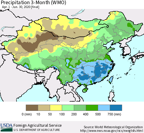 China, Mongolia and Taiwan Precipitation 3-Month (WMO) Thematic Map For 4/1/2020 - 6/30/2020