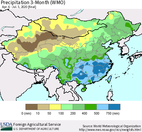 China, Mongolia and Taiwan Precipitation 3-Month (WMO) Thematic Map For 4/6/2020 - 7/5/2020