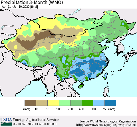 China, Mongolia and Taiwan Precipitation 3-Month (WMO) Thematic Map For 4/11/2020 - 7/10/2020