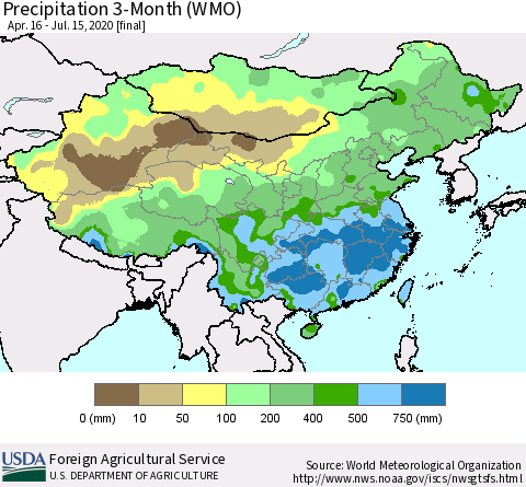 China, Mongolia and Taiwan Precipitation 3-Month (WMO) Thematic Map For 4/16/2020 - 7/15/2020