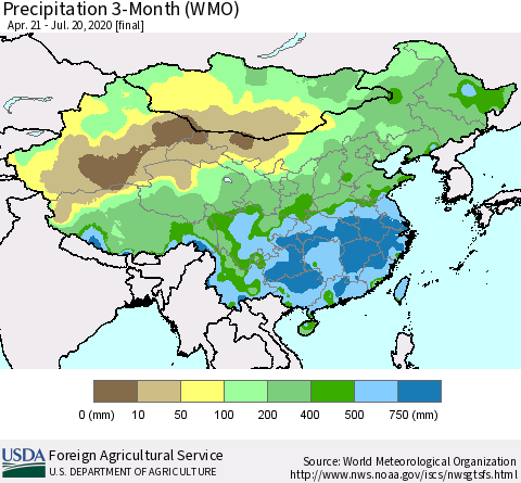 China, Mongolia and Taiwan Precipitation 3-Month (WMO) Thematic Map For 4/21/2020 - 7/20/2020