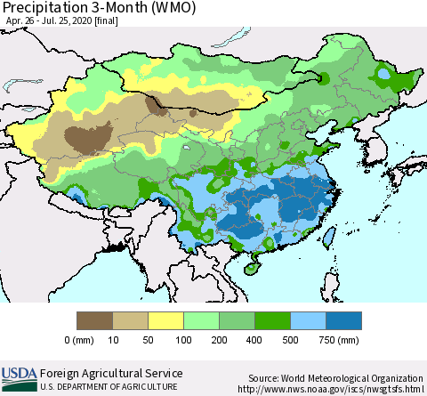 China, Mongolia and Taiwan Precipitation 3-Month (WMO) Thematic Map For 4/26/2020 - 7/25/2020
