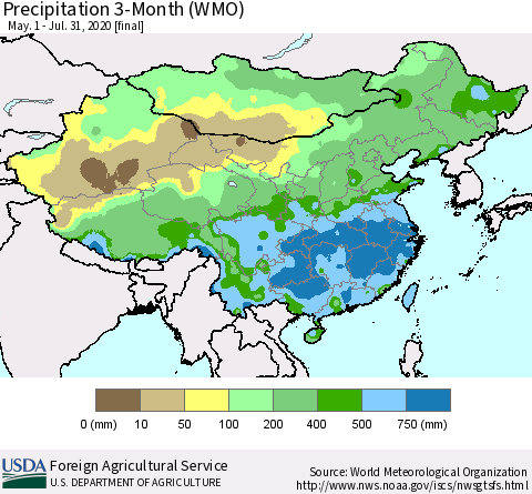 China, Mongolia and Taiwan Precipitation 3-Month (WMO) Thematic Map For 5/1/2020 - 7/31/2020