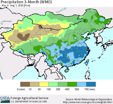 China, Mongolia and Taiwan Precipitation 3-Month (WMO) Thematic Map For 5/6/2020 - 8/5/2020