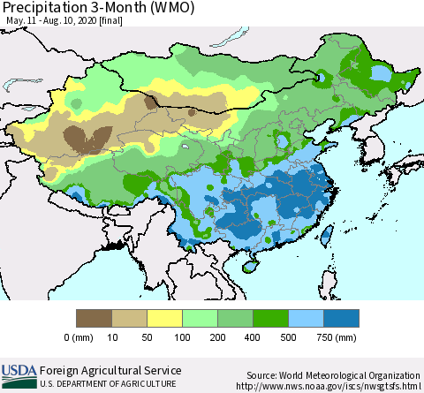 China, Mongolia and Taiwan Precipitation 3-Month (WMO) Thematic Map For 5/11/2020 - 8/10/2020