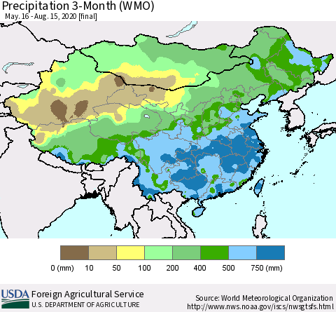 China, Mongolia and Taiwan Precipitation 3-Month (WMO) Thematic Map For 5/16/2020 - 8/15/2020