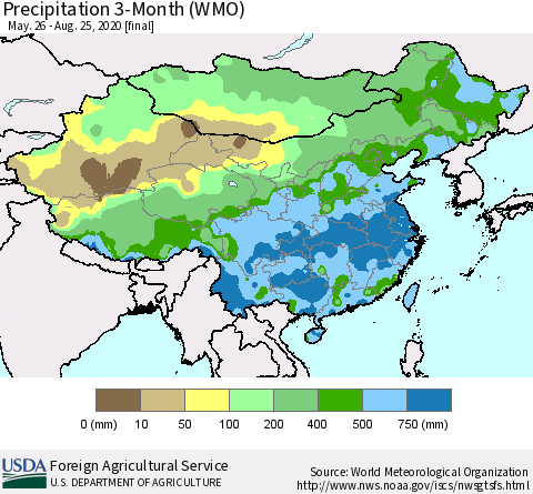 China, Mongolia and Taiwan Precipitation 3-Month (WMO) Thematic Map For 5/26/2020 - 8/25/2020