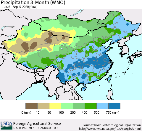 China, Mongolia and Taiwan Precipitation 3-Month (WMO) Thematic Map For 6/6/2020 - 9/5/2020
