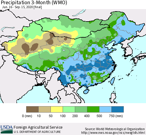 China, Mongolia and Taiwan Precipitation 3-Month (WMO) Thematic Map For 6/16/2020 - 9/15/2020