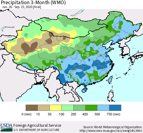 China, Mongolia and Taiwan Precipitation 3-Month (WMO) Thematic Map For 6/26/2020 - 9/25/2020