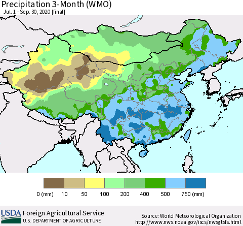 China, Mongolia and Taiwan Precipitation 3-Month (WMO) Thematic Map For 7/1/2020 - 9/30/2020