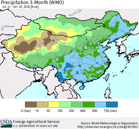 China, Mongolia and Taiwan Precipitation 3-Month (WMO) Thematic Map For 7/11/2020 - 10/10/2020