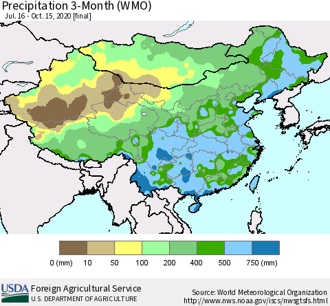 China, Mongolia and Taiwan Precipitation 3-Month (WMO) Thematic Map For 7/16/2020 - 10/15/2020