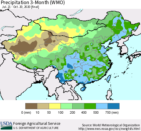 China, Mongolia and Taiwan Precipitation 3-Month (WMO) Thematic Map For 7/21/2020 - 10/20/2020