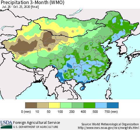 China, Mongolia and Taiwan Precipitation 3-Month (WMO) Thematic Map For 7/26/2020 - 10/25/2020