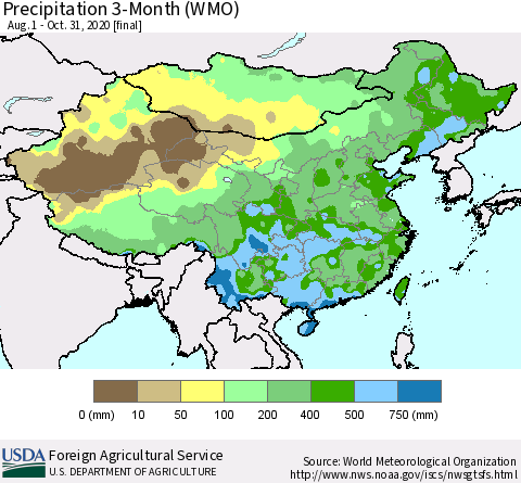 China, Mongolia and Taiwan Precipitation 3-Month (WMO) Thematic Map For 8/1/2020 - 10/31/2020