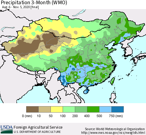 China, Mongolia and Taiwan Precipitation 3-Month (WMO) Thematic Map For 8/6/2020 - 11/5/2020