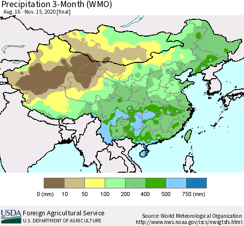 China, Mongolia and Taiwan Precipitation 3-Month (WMO) Thematic Map For 8/16/2020 - 11/15/2020
