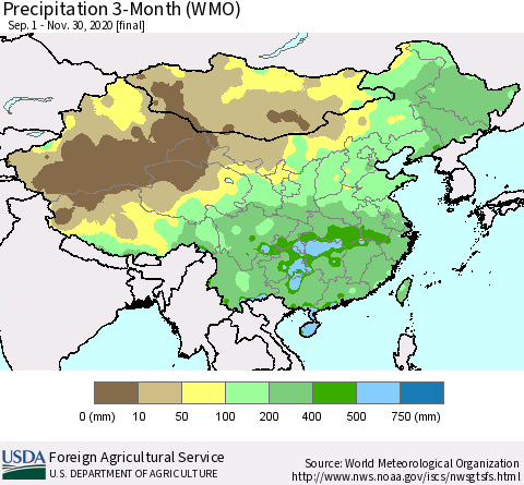 China, Mongolia and Taiwan Precipitation 3-Month (WMO) Thematic Map For 9/1/2020 - 11/30/2020