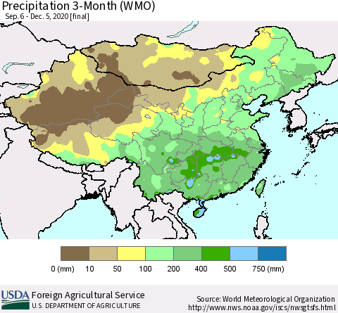 China, Mongolia and Taiwan Precipitation 3-Month (WMO) Thematic Map For 9/6/2020 - 12/5/2020