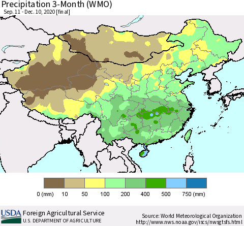 China, Mongolia and Taiwan Precipitation 3-Month (WMO) Thematic Map For 9/11/2020 - 12/10/2020