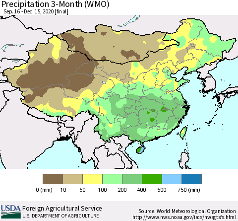 China, Mongolia and Taiwan Precipitation 3-Month (WMO) Thematic Map For 9/16/2020 - 12/15/2020