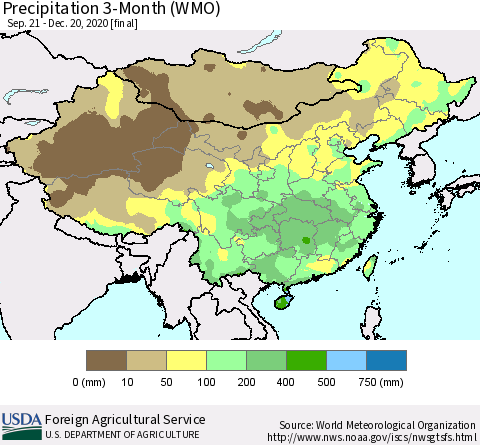 China, Mongolia and Taiwan Precipitation 3-Month (WMO) Thematic Map For 9/21/2020 - 12/20/2020
