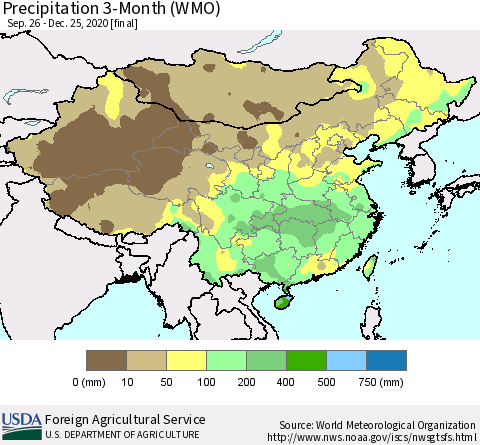 China, Mongolia and Taiwan Precipitation 3-Month (WMO) Thematic Map For 9/26/2020 - 12/25/2020