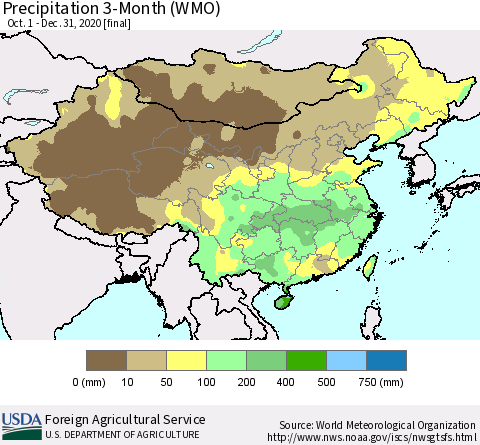 China, Mongolia and Taiwan Precipitation 3-Month (WMO) Thematic Map For 10/1/2020 - 12/31/2020