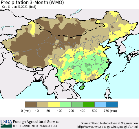 China, Mongolia and Taiwan Precipitation 3-Month (WMO) Thematic Map For 10/6/2020 - 1/5/2021