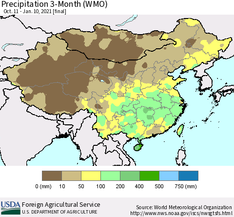 China, Mongolia and Taiwan Precipitation 3-Month (WMO) Thematic Map For 10/11/2020 - 1/10/2021