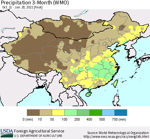 China, Mongolia and Taiwan Precipitation 3-Month (WMO) Thematic Map For 10/21/2020 - 1/20/2021