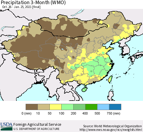 China, Mongolia and Taiwan Precipitation 3-Month (WMO) Thematic Map For 10/26/2020 - 1/25/2021