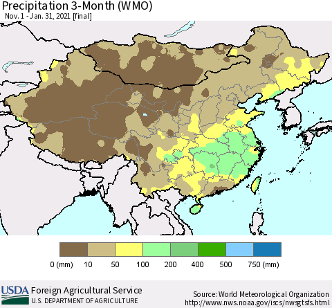 China, Mongolia and Taiwan Precipitation 3-Month (WMO) Thematic Map For 11/1/2020 - 1/31/2021