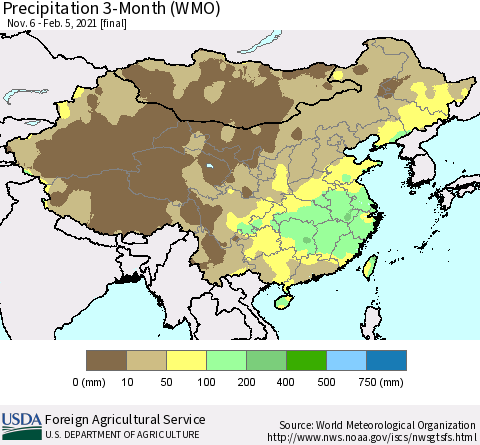 China, Mongolia and Taiwan Precipitation 3-Month (WMO) Thematic Map For 11/6/2020 - 2/5/2021