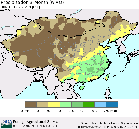 China, Mongolia and Taiwan Precipitation 3-Month (WMO) Thematic Map For 11/11/2020 - 2/10/2021