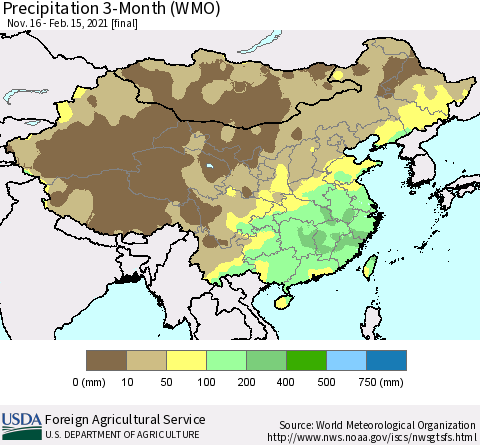 China, Mongolia and Taiwan Precipitation 3-Month (WMO) Thematic Map For 11/16/2020 - 2/15/2021