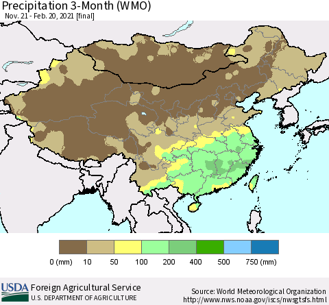 China, Mongolia and Taiwan Precipitation 3-Month (WMO) Thematic Map For 11/21/2020 - 2/20/2021