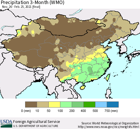 China, Mongolia and Taiwan Precipitation 3-Month (WMO) Thematic Map For 11/26/2020 - 2/25/2021