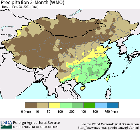 China, Mongolia and Taiwan Precipitation 3-Month (WMO) Thematic Map For 12/1/2020 - 2/28/2021
