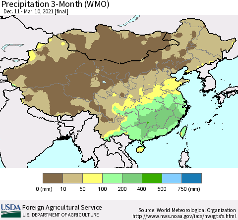 China, Mongolia and Taiwan Precipitation 3-Month (WMO) Thematic Map For 12/11/2020 - 3/10/2021