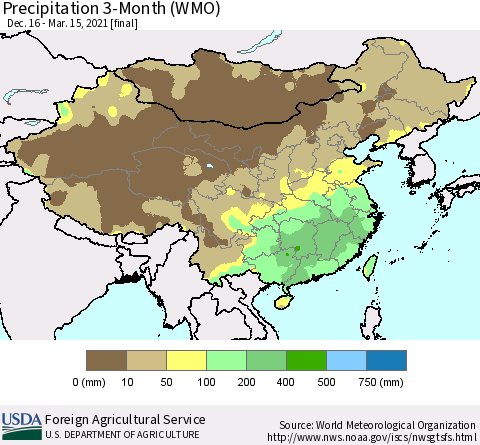 China, Mongolia and Taiwan Precipitation 3-Month (WMO) Thematic Map For 12/16/2020 - 3/15/2021