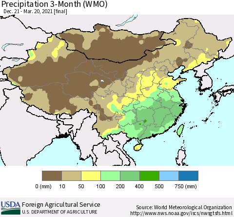 China, Mongolia and Taiwan Precipitation 3-Month (WMO) Thematic Map For 12/21/2020 - 3/20/2021