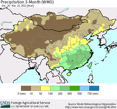 China, Mongolia and Taiwan Precipitation 3-Month (WMO) Thematic Map For 12/26/2020 - 3/25/2021