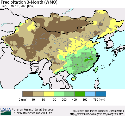 China, Mongolia and Taiwan Precipitation 3-Month (WMO) Thematic Map For 1/1/2021 - 3/31/2021