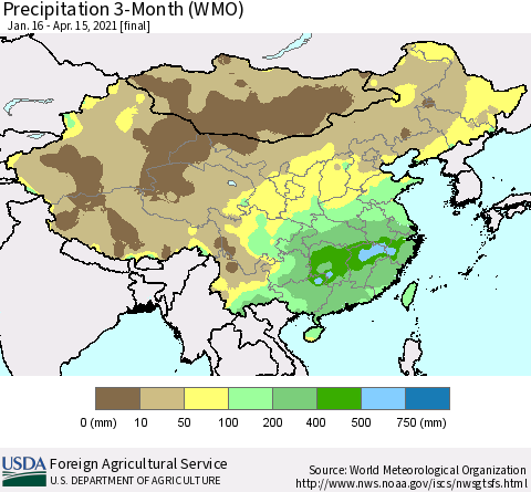 China, Mongolia and Taiwan Precipitation 3-Month (WMO) Thematic Map For 1/16/2021 - 4/15/2021