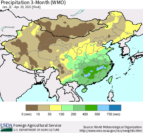 China, Mongolia and Taiwan Precipitation 3-Month (WMO) Thematic Map For 1/21/2021 - 4/20/2021